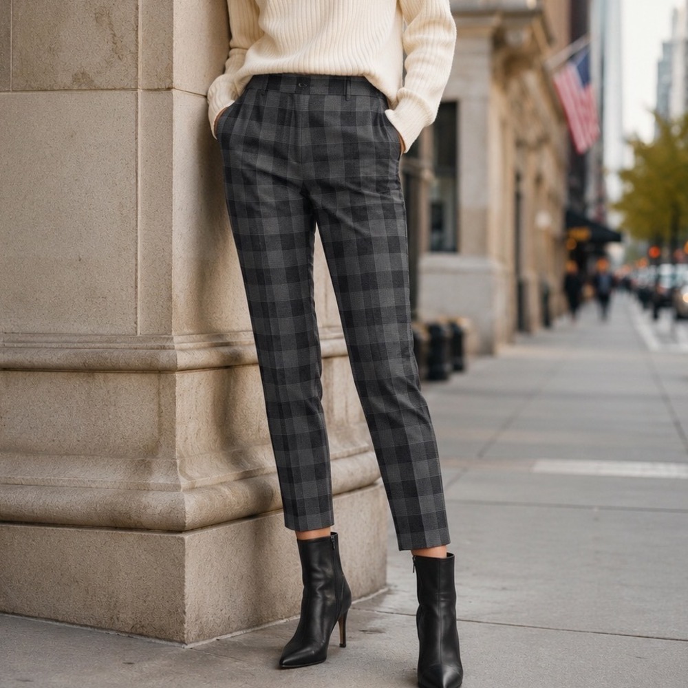 Rag & Bone Grey Black Buffalo Check Simone Pants 12 Plaid Stretch Trousers Y4